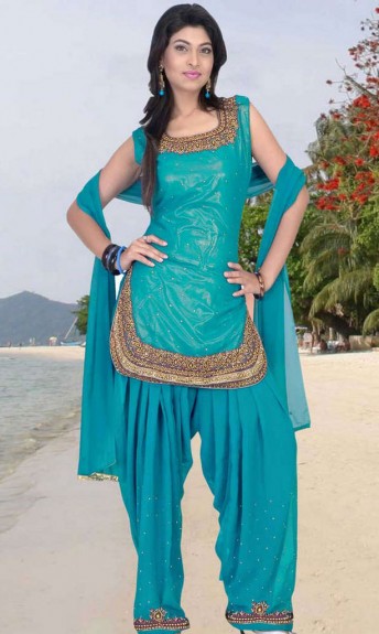 Embroidery Designs On Navy Blue Color Party Wear Patiala Suit In Chanderi  Fabric